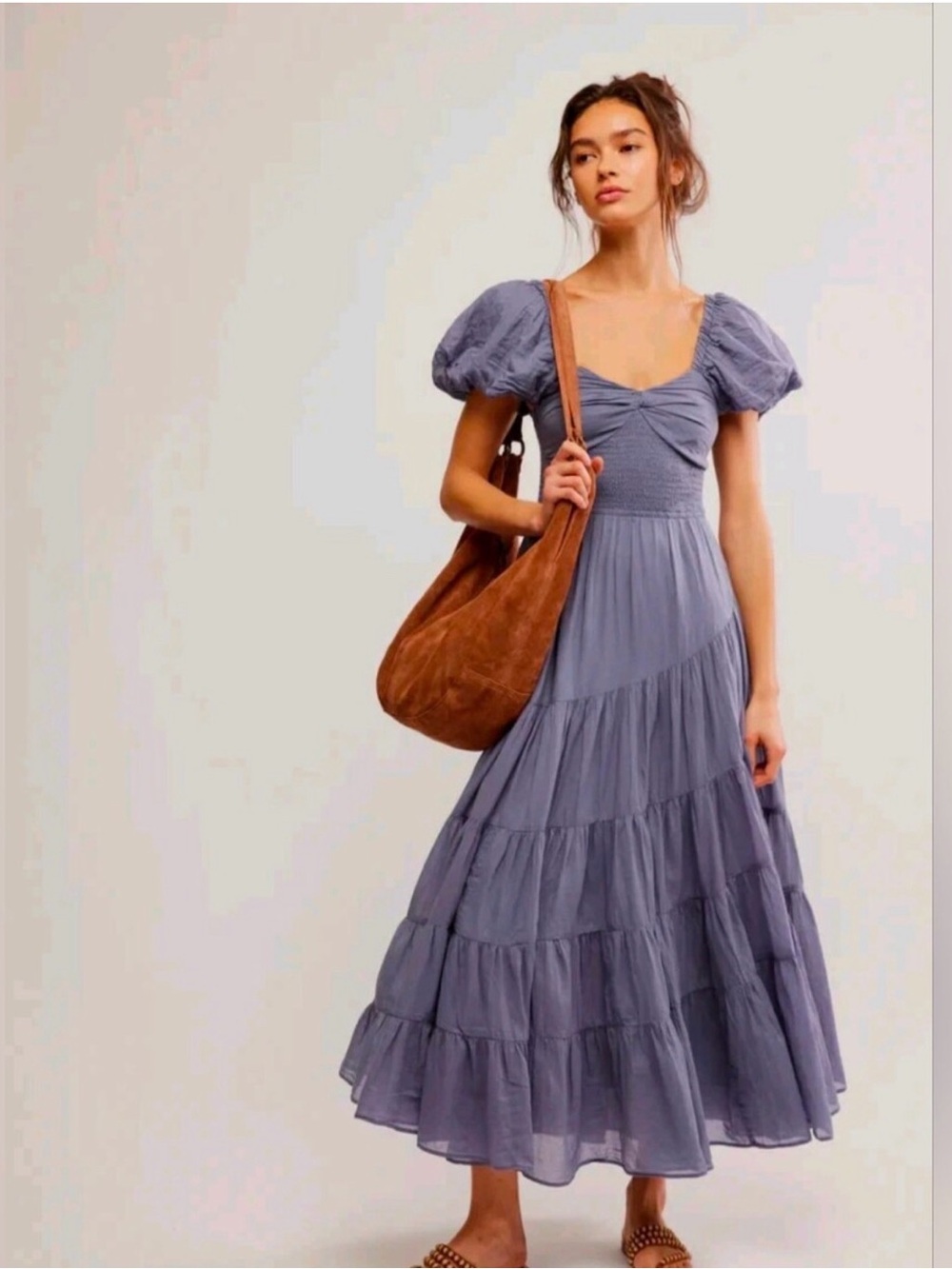 Free People Lavender Smocked Puff-Sleeve Maxi Dress